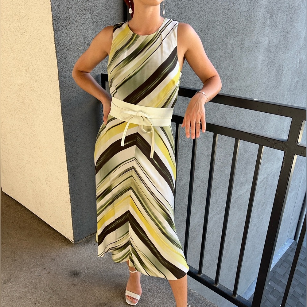 Silk Midi Green Lime White Striped Summer Sleeveless Dress